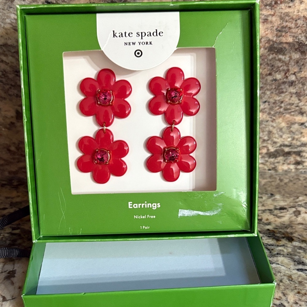 NWT Kate Spade RED FLORAL linear drop pierced earrings